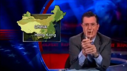 Stephen Colbert almost breaks when he drops a chopstick under the desk. 