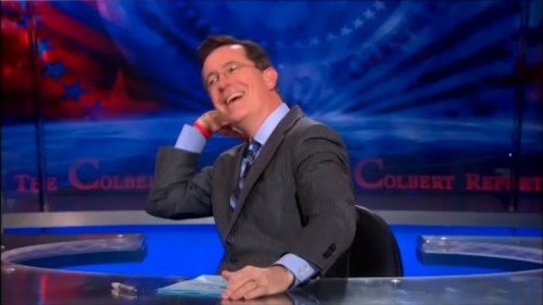 Stephen Colbert tosses his hair back on The Colbert Report January 10, 2013