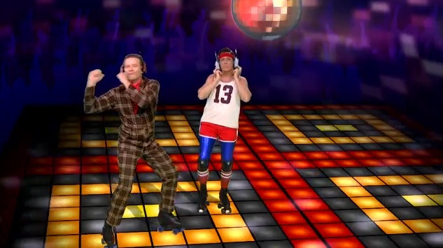 Stephen Colbert on roller skates