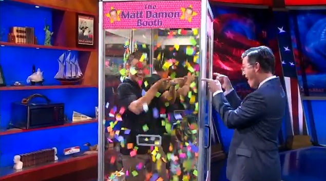 Matt Damon dances with Stephen Colbert