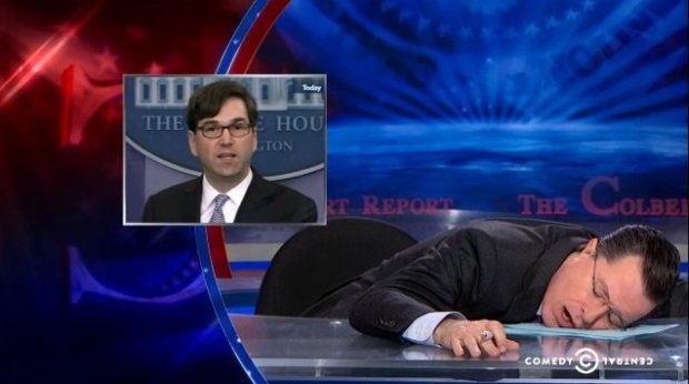 Stephen Colbert sleeping on desk